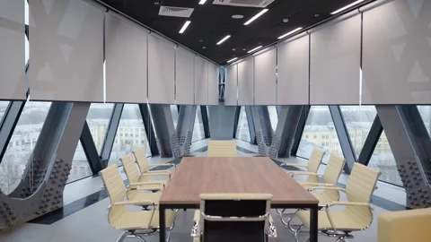Panoramic shot of modern empty office, with panoramic windows Stock Footage 302473535