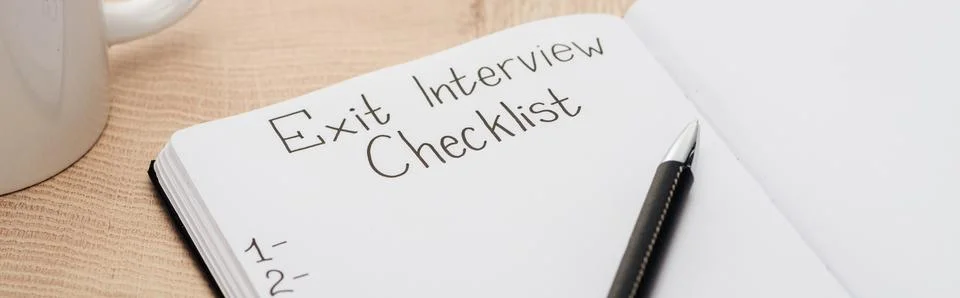 Panoramic shot notebook exit interview Stock Photos