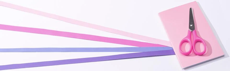 Panoramic shot notebook scissors paper Stock Photos