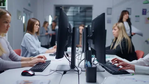 Panoramic Shot In Office Of Web-Design Company, Young Adult Women Working With Stock Footage 273982132