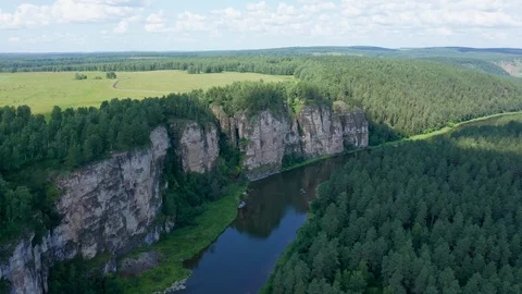 Panoramic shot over the river and cliffs. Stock Footage 114124963