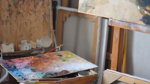 Panoramic shot of the picture painted with oil paint. close-up. a picture of a Stock Footage