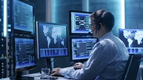 Panoramic Shot of Professionals Working in System Control Center Stock Footage 74927217