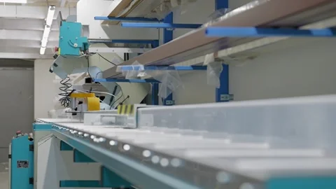 Panoramic shot of saw machine in a workshop. Aluminium cutting tool Stock Footage 302473413
