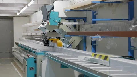 Panoramic shot of saw machine in a workshop. Aluminium cutting tool Stock Footage 302473448