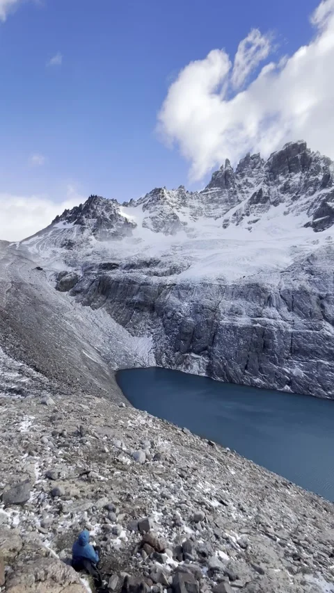 Panoramic Shot from Summit Overlooking Laguna and Glacier Cerro Castilloin Chil Video stock 310502381
