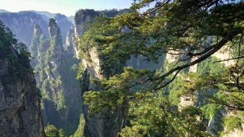 Panoramic shot of vertical cliffs at the Wulingyuan in Zhangjiajie, Hunan, China Video stock 98608985