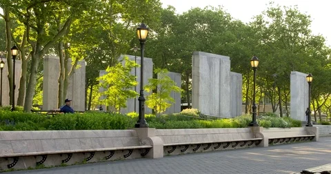 Panoramic shot of the World War II East Coast Memorial in Battery Park, New York Video stock 77279936
