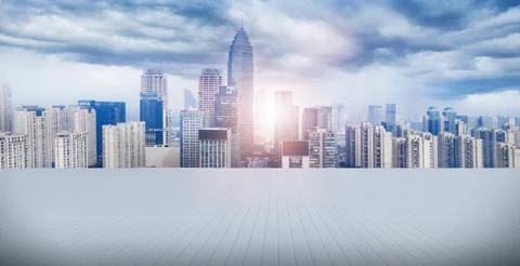 Panoramic sky and building with empty concrete square floor Stock Photos