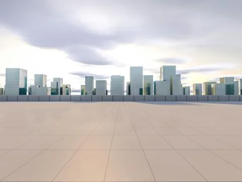 Panoramic skyline and buildings with empty square floor. 3D rend Stock Illustration