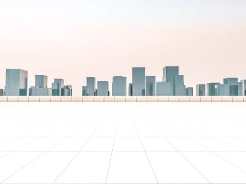 Panoramic skyline and buildings with empty square floor. 3D rend Ilustración de archivo