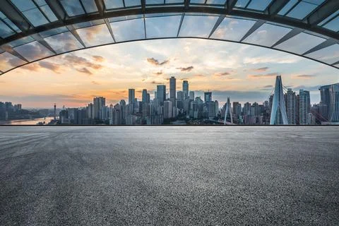Panoramic skyline and buildings with empty road. Stock Photos