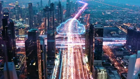 Panoramic Skyline Of Metropolitan City Information Flow During Night Big Data Stock Footage