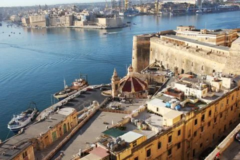 Panoramic skyline view of ancient defences of Valletta, Tree cities and the G Stock Photos