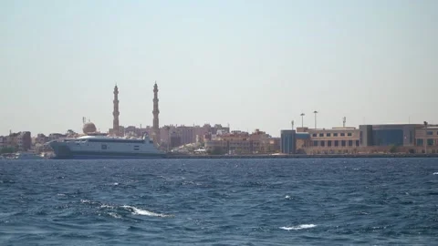 Panoramic skyline view of Hurghada harbor in Egypt with view of El Mina mosqu Stock Footage 278404692