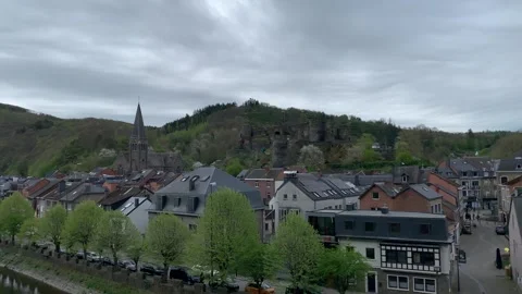 Panoramic skyline view of La Roche en Ardenne city. Ruined castle. Belgium Stock Footage 307497240