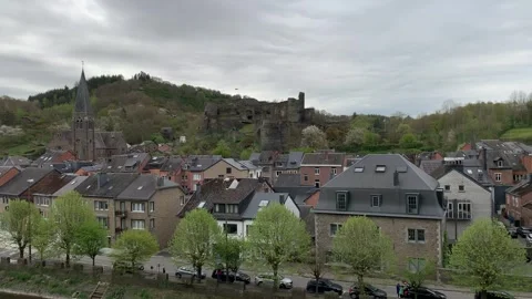 Panoramic skyline view of La Roche en Ardenne city. Ruined castle. Belgium Stock Footage 307497242