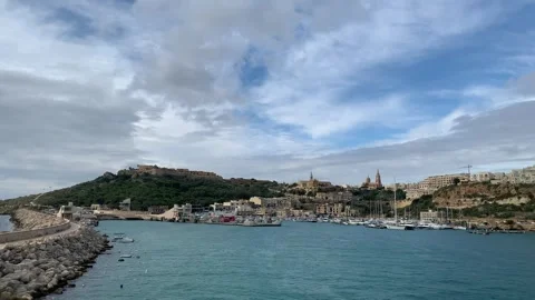Panoramic skyline view of Mgarr harbour. Yachts and boats at docks. Gozo, Malta Stock Footage 270362869