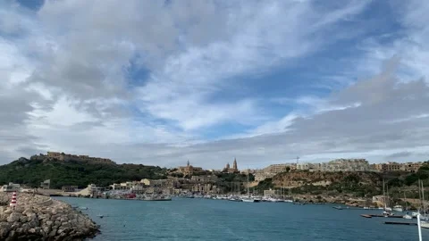 Panoramic skyline view of Mgarr harbour. Yachts and boats at docks. Gozo, Malta Stock Footage 270362872