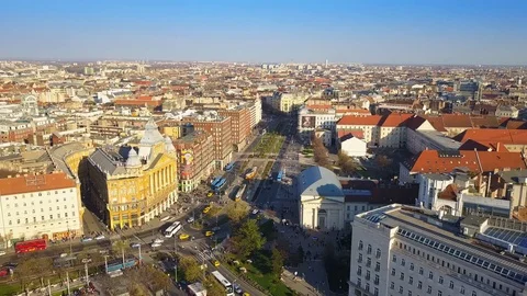 Panoramic skyline view of Pest side of Budapest with traditional yellow trams Stock Footage 88858805