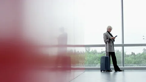 A panoramic slow motion shooting of a young blonde business woman with a trolley Stock Footage 132447505