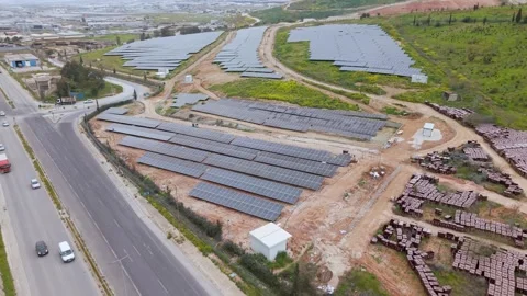 Panoramic Solar Farm Construction Progress in Greece Stock Footage 338430314