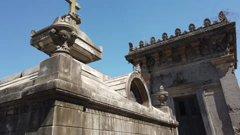 Panoramic at Stone crypt, tombstones with Catholic Cross at Argentina Stock Footage 289058904