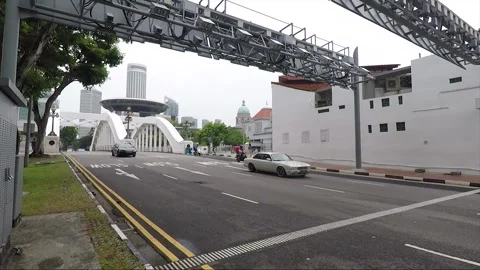 Panoramic Street View, Elgin Bridge, Downtown Skyscrapers, Boat Quay, Singapore Stock Footage 332874154