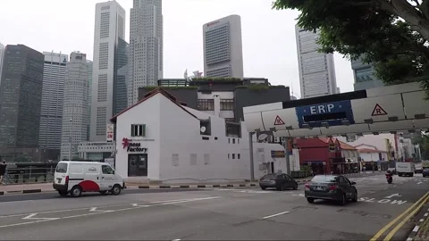 Panoramic Street View, Elgin Bridge, Downtown Skyscrapers, Boat Quay, Singapore Stock Footage 332874376