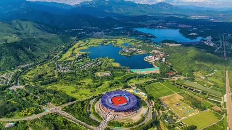 Panoramic Summer Landscape of Beijing Yanqi Lake Stock Footage 337050073