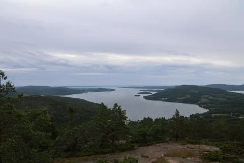 Panoramic summer view of forest and rugged coastline from the summit of Skule Stock Photos