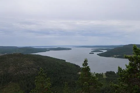 Panoramic summer view of forest and rugged coastline from the summit of Skule Stock Photos