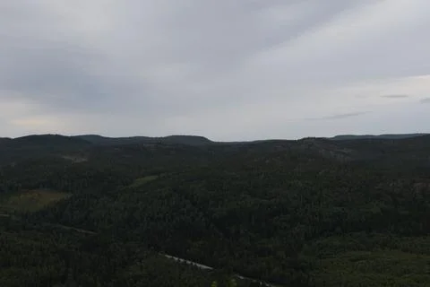 Panoramic summer view of forest and rugged coastline from the summit of Skule Stock Photos