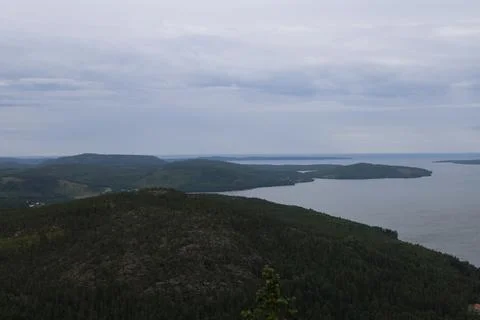 Panoramic summer view of forest and rugged coastline from the summit of Skule Stock Photos