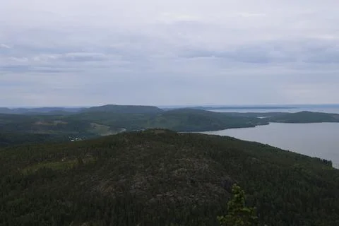 Panoramic summer view of forest and rugged coastline from the summit of Skule Stock Photos