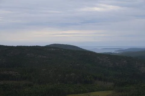 Panoramic summer view of forest and rugged coastline from the summit of Skule Stock Photos
