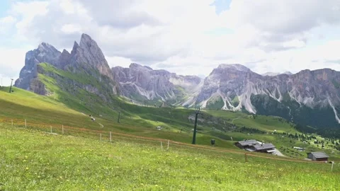 Panoramic summer view of Seceda mountain and wide alpine meadow in the Dolomites Stockbeeldmateriaal 318355596