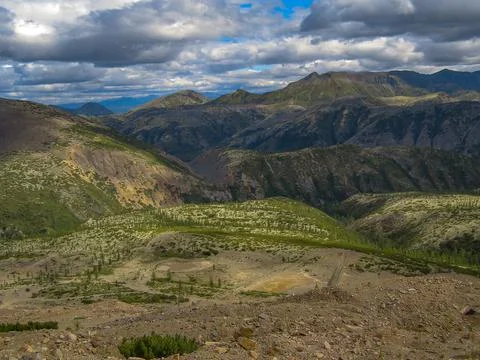 Panoramic summer view of wild forest and mountainous area on cloudy morning. 库存照片