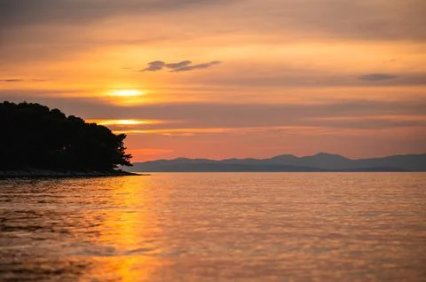Panoramic sundown over tranquil sea on Brac Island Stock Photos