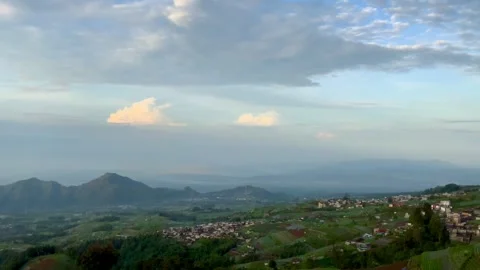 Panoramic Sunrise Over Mount Sumbing Vegetable Terraces Stock Footage 331996462