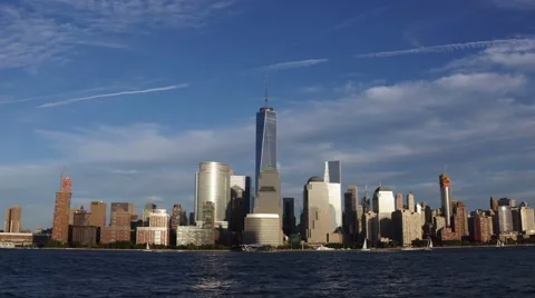 Panoramic Sunset and Full Moon Rise over Downtown Manhattan NYC Video stock 59041331