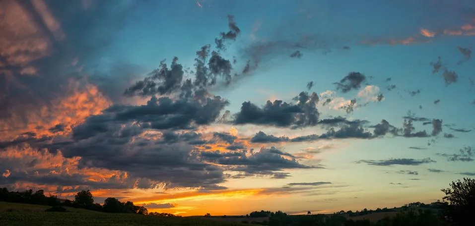 Panoramic sunset landscape Stock Photos