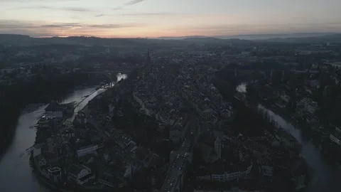 Panoramic Sunset Over Bern – Old Town Aerial Video stock 326069705