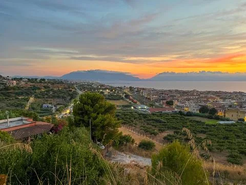 Panoramic Sunset Over Trappeto, Sicily, Italy, and the Gulf of Castellammare Stock Photos