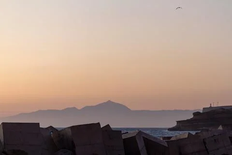 Panoramic sunset shot of Teide volcano, viewed from Gran Canaria. Stock Photos