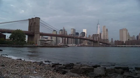 Panoramic Sunset Time Lapse of Brooklyn Bridge and Manhattan Skyline Stock Footage 59021979