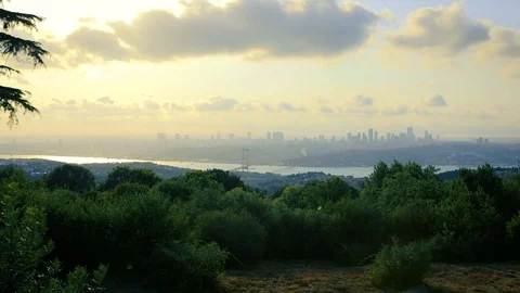 Panoramic sunset Time Lapse scene over the Bosphorus bridge and environment Stock Footage 113160794