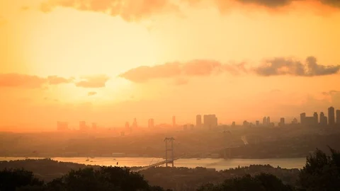 Panoramic sunset Time Lapse scene over the Bosphorus bridge and environment Stock Footage 113161889