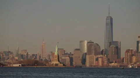 Panoramic Sunset Time-Lapse of Statue of Libery and Downtown Manhattan NYC Video stock 61303053
