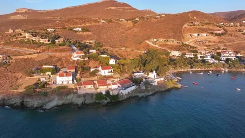 Panoramic sunset view of the bay and beach of Otzias, Kea Stock Footage 294978273